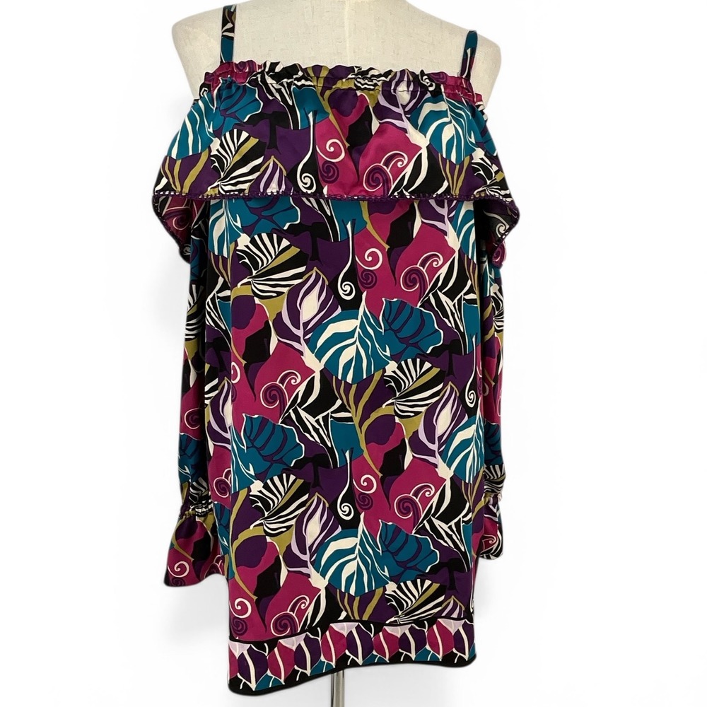 I.c.e Womens Cold Shoulder Tropical Leaf Print Ruffle‎ Top Purple Teal Lg Silky